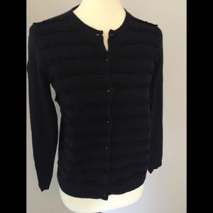 J. Crew Navy and Black ruffle cardigan